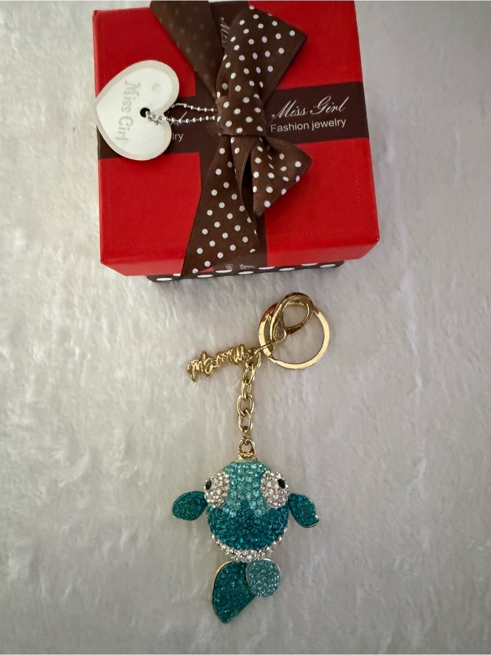 Teal Crystal Fish Keychain - Gold Hardware